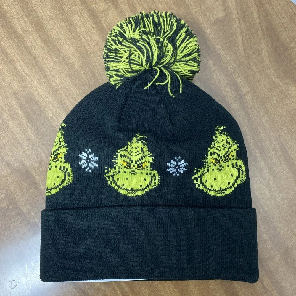American Eagle Grinch Hat Beanie Black Green Cuff Pom Pom Christmas New‎ winter